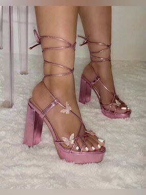 Pink Metallic Platform Heels Butterfly Rhinestone Lace Up strappy Barbiecore 8.5